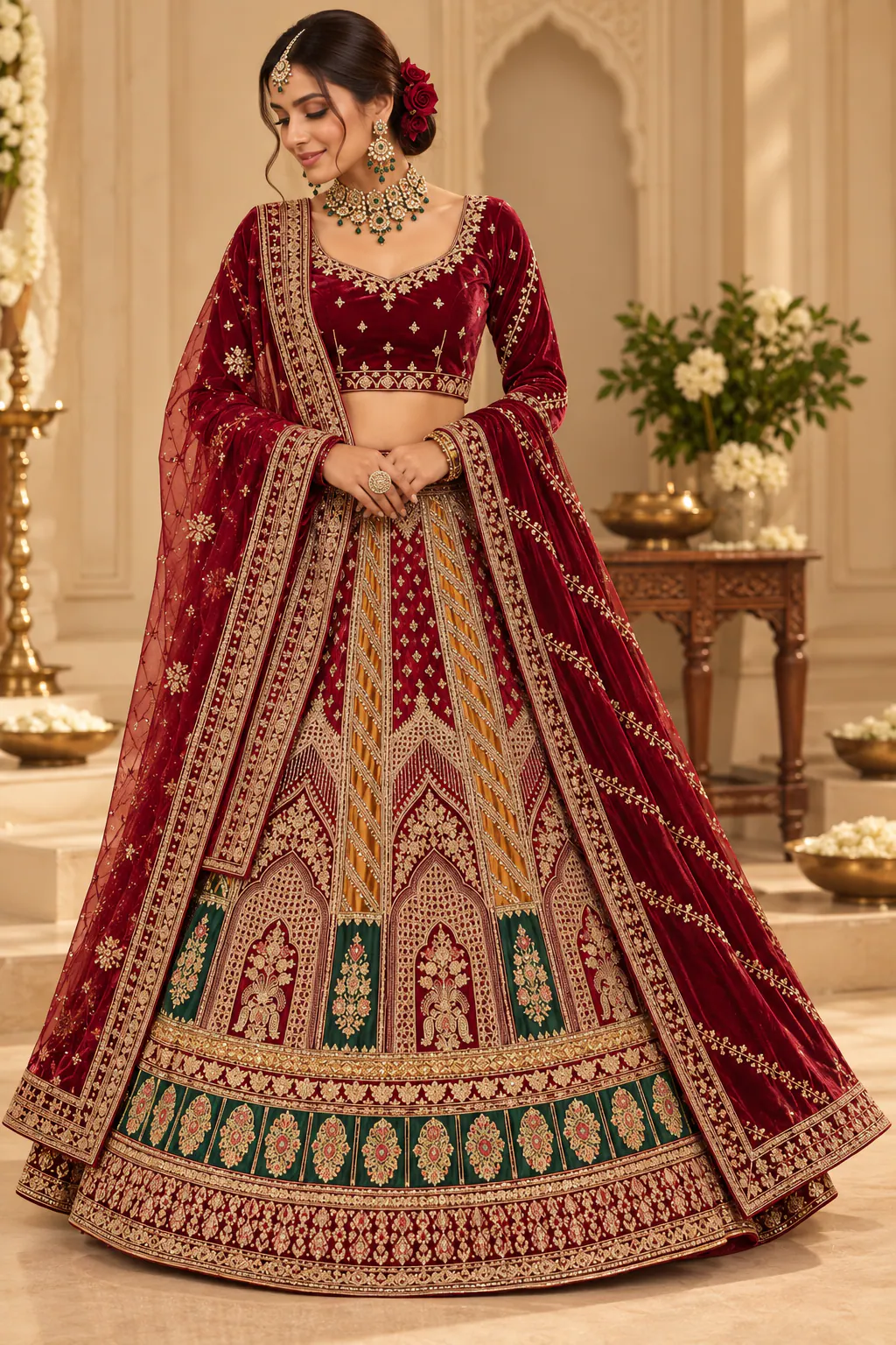 Maroon Velvet Bridal Lehenga catalogue image