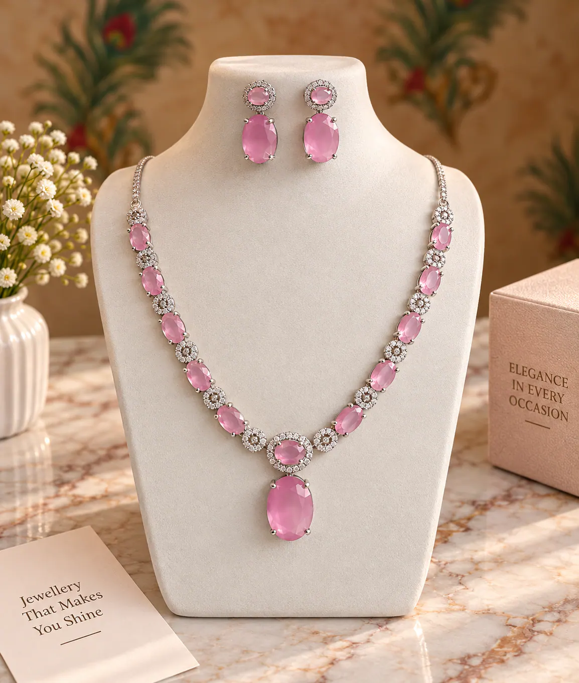 Baby Pink American Diamond Necklace Set catalogue image