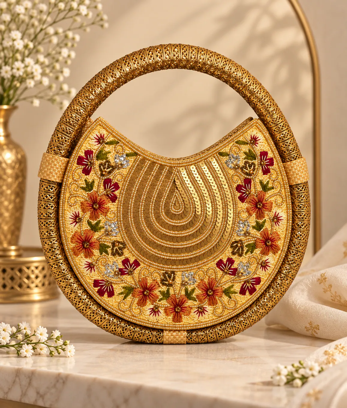 Golden Embroidered Handbag with Long Chain catalogue image